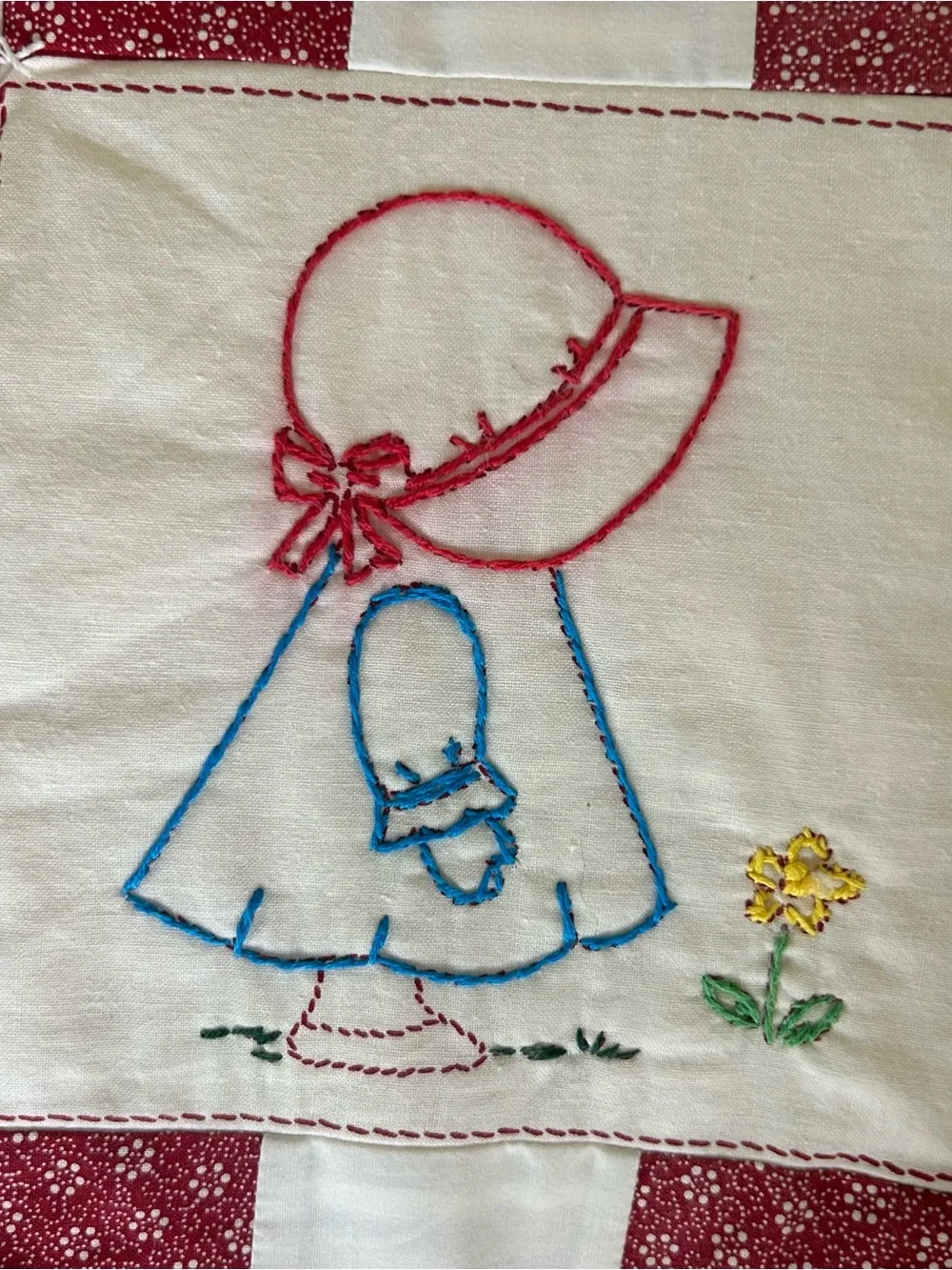VTG Hand-embroidered Quilt Tapestry Hanging Cottage Sunbonnet Sue Theme 46”x59”